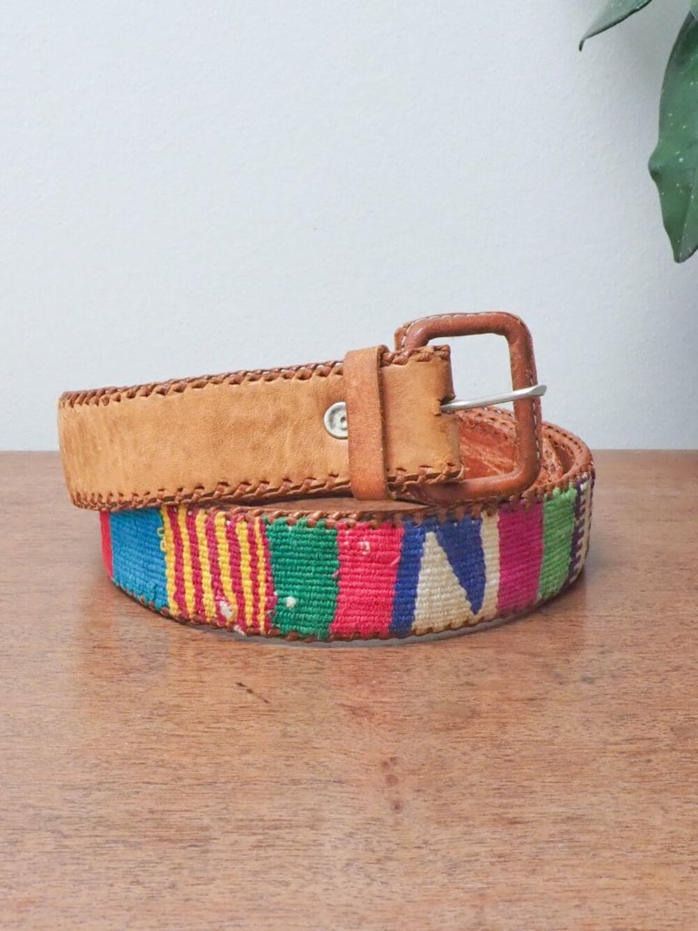 Fabric wrapped Leather Belt - Size 28 - Guatemala Fabric Leather Rainbow Belt